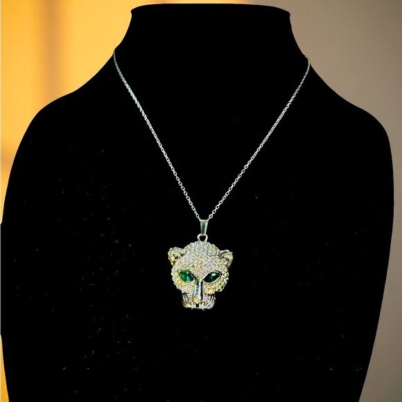 Art Deco Silver Color Sparkling Panther Pendant Necklace - Picture 3 of 8